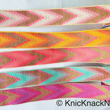 Purple / Green / Pink / Yellow / Beige, Pink And Antique Bronze Embroidered Lace Trim, Chevron Trim